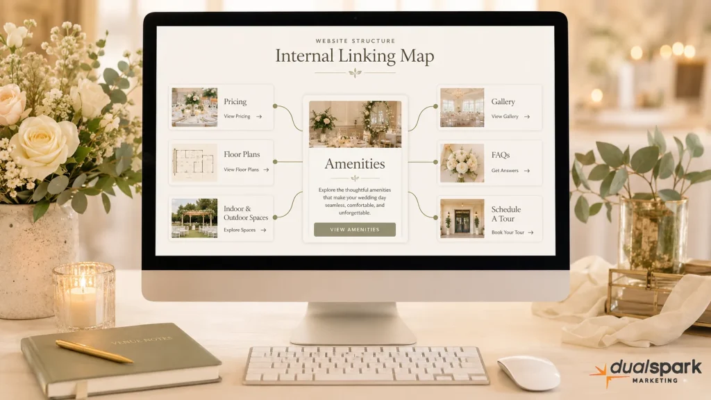 Desktop monitor showing a wedding venue amenities page linked to other website pages
