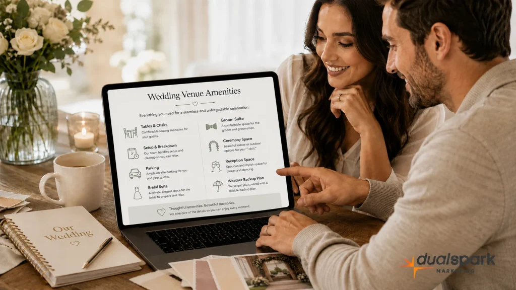 Couple reviewing a wedding venue amenities page with tables, chairs, parking, suites, and event spaces