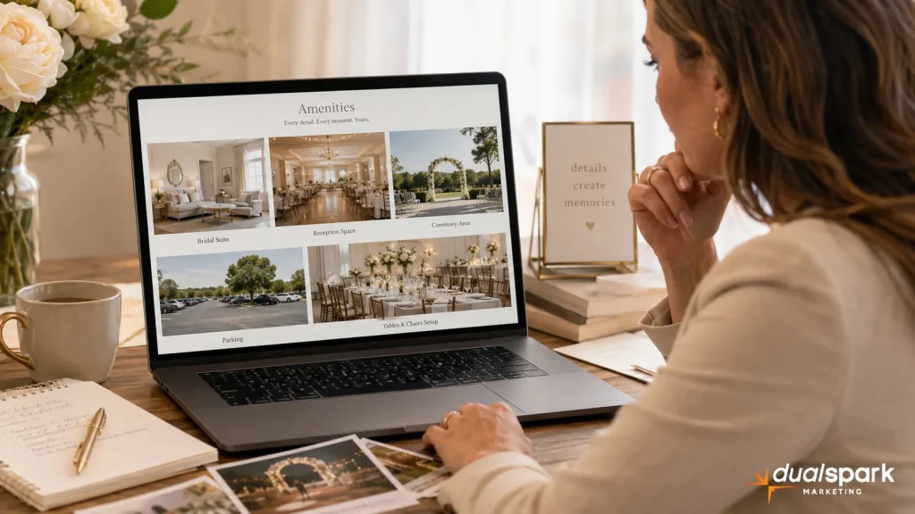 Wedding venue owner reviewing an amenities photo gallery with bridal suite, reception space, ceremony area, parking, and tables and chairs