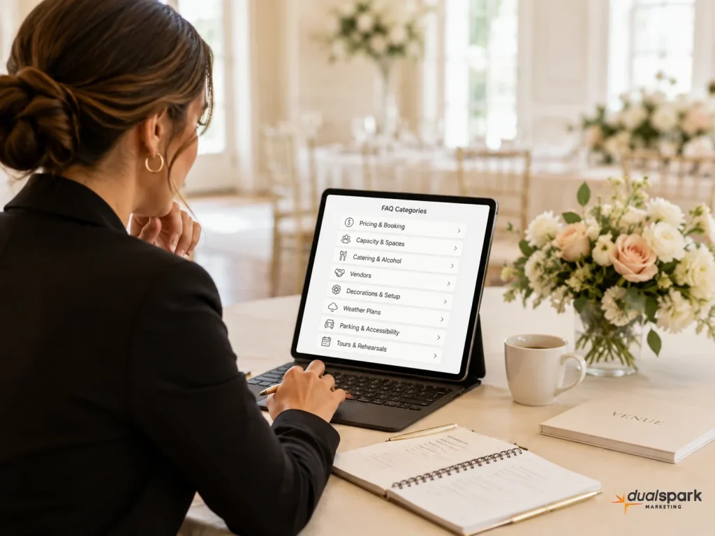 Wedding venue manager reviewing FAQ categories for pricing, capacity, vendors, weather plans, and tours