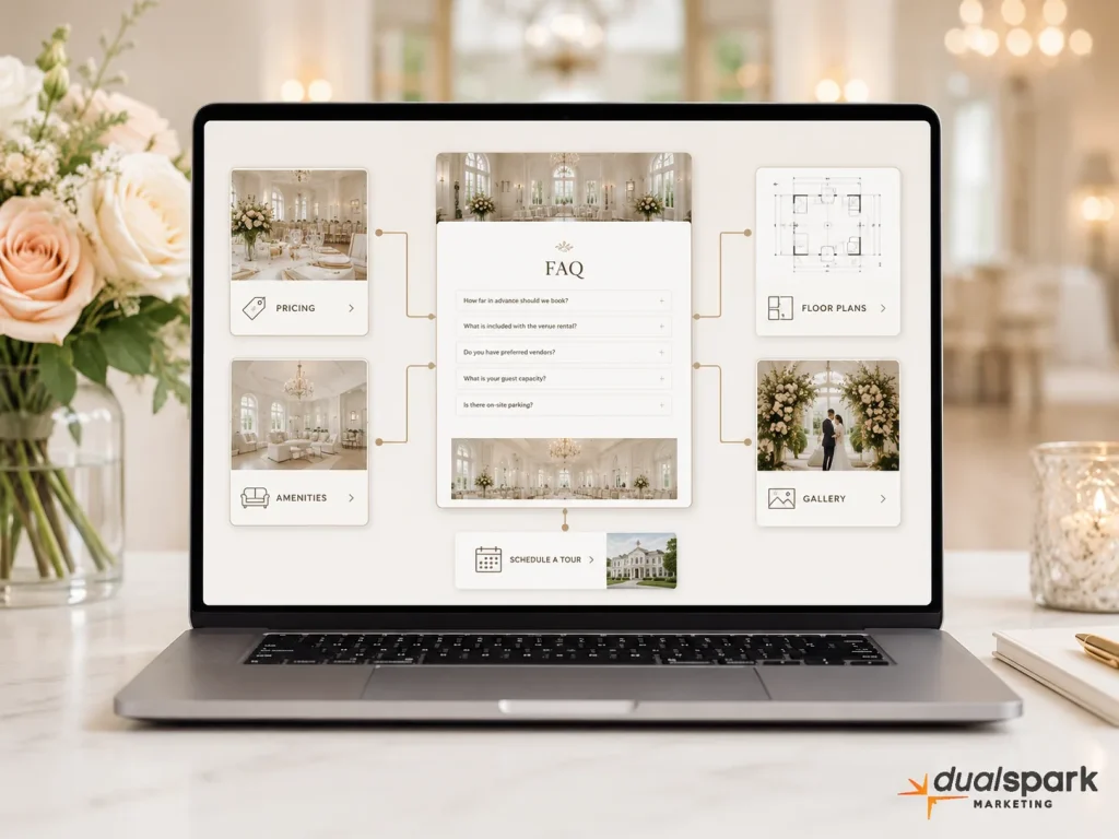 Wedding venue FAQ page linking to pricing, amenities, floor plans, gallery, and tour scheduling pages