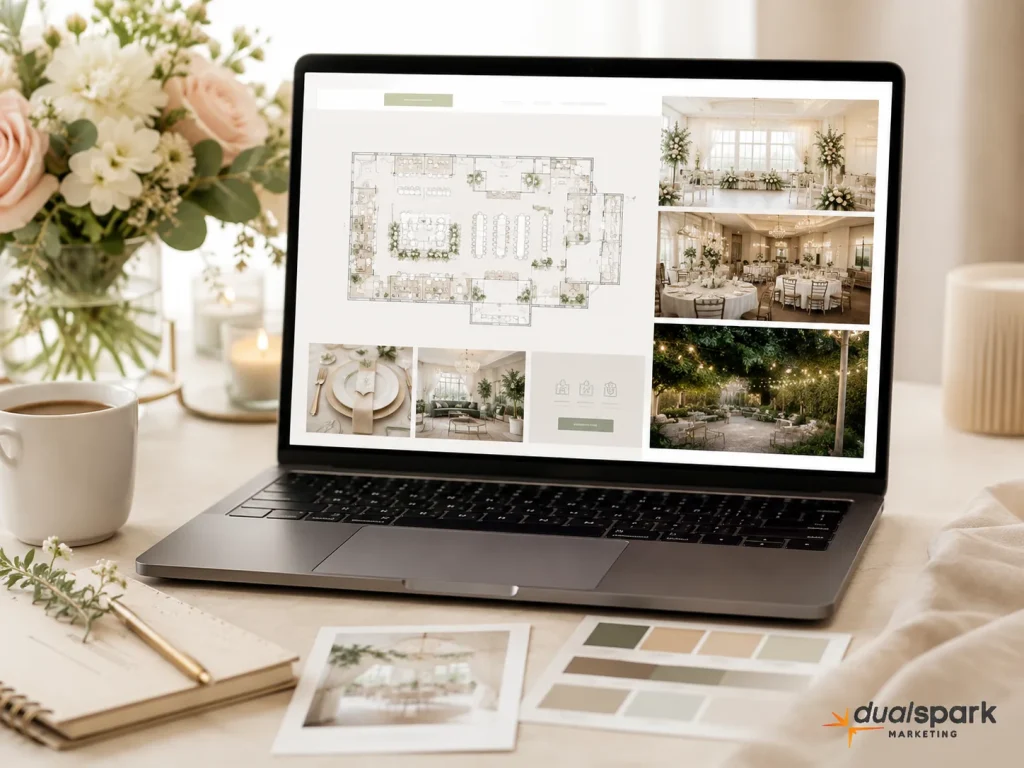 Laptop displaying a wedding venue floor plan page with layout visuals, venue photos, and planning elements