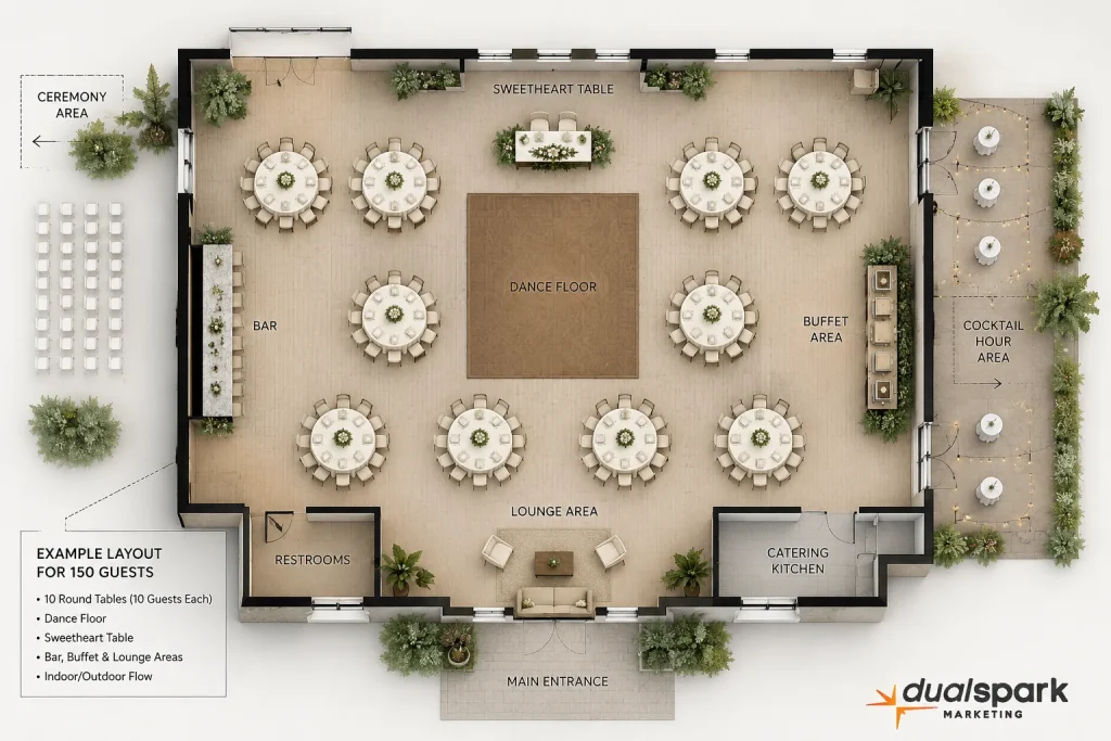Wedding venue floor plan showing a 150 guest reception layout with tables, dance floor, bar, buffet area, and cocktail hour space