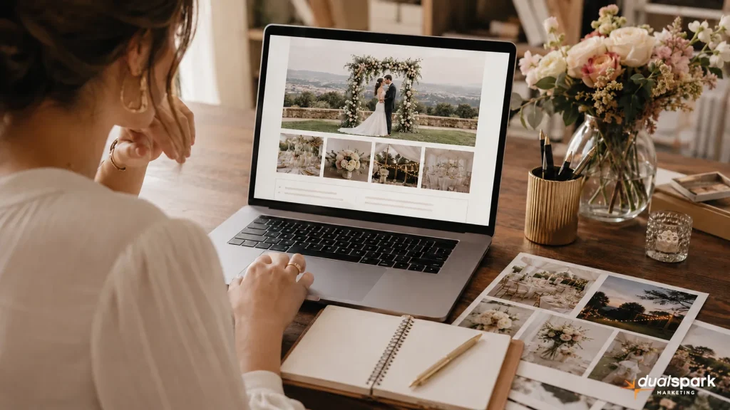 Wedding venue marketer reviewing a real wedding blog post layout on a laptop with wedding photos and notes nearby
