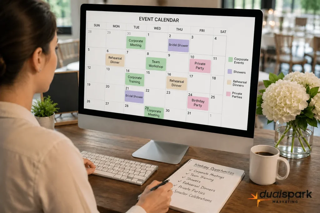 Wedding venue manager reviewing a calendar filled with weekday corporate events, showers, rehearsal dinners, and private parties