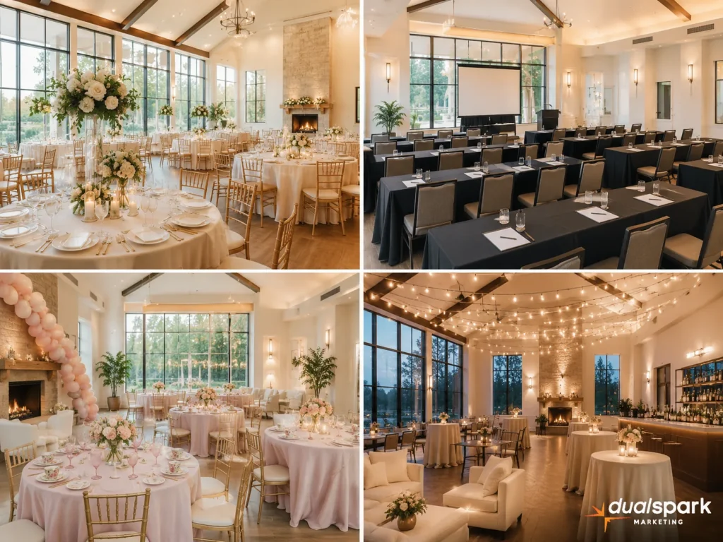 Wedding venue shown with wedding reception, corporate meeting, bridal shower, and private party setups