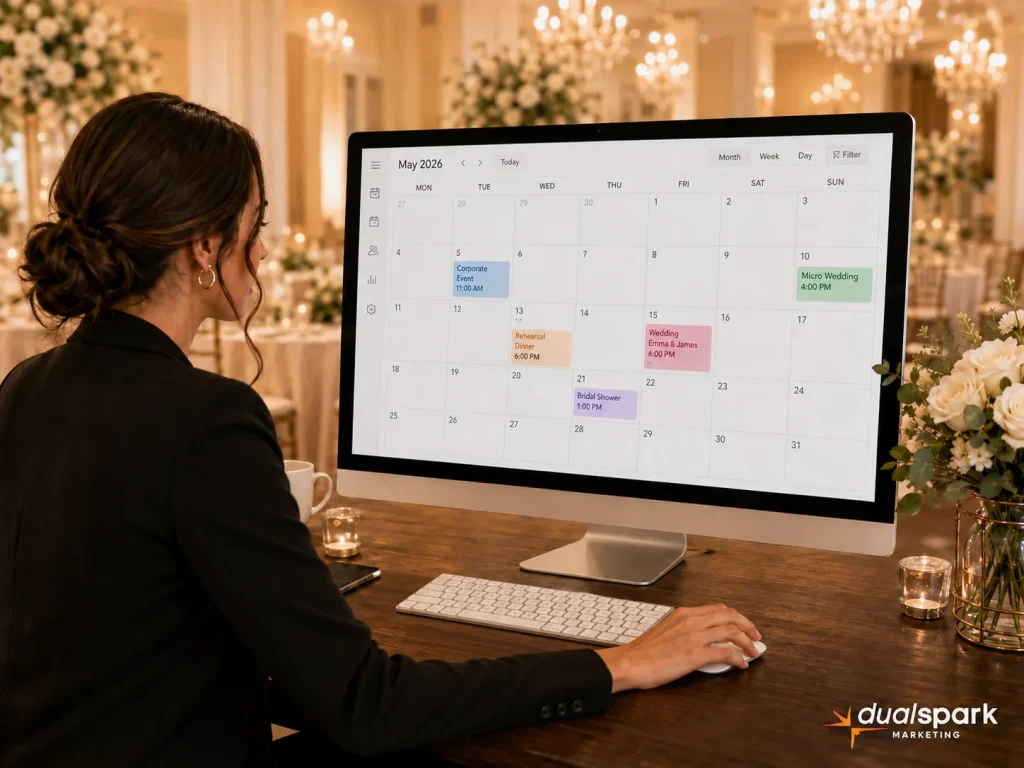 Wedding venue manager using a digital calendar to schedule weekday weddings, showers, and corporate events