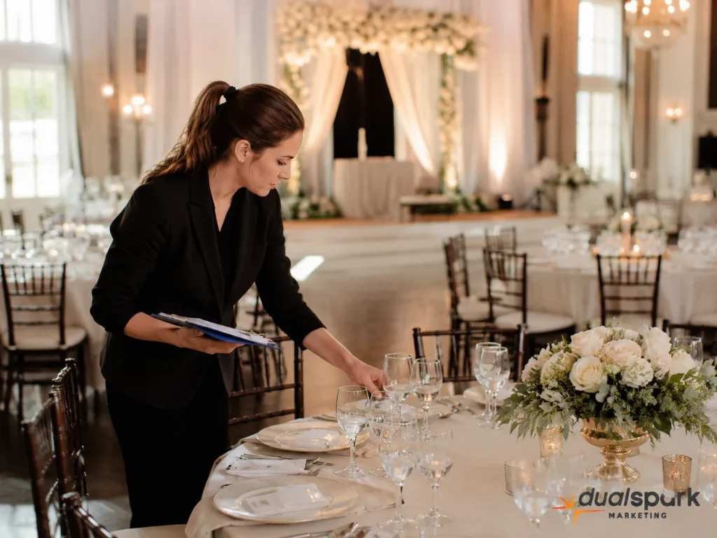 Wedding venue coordinator checking table settings while preparing for an event
