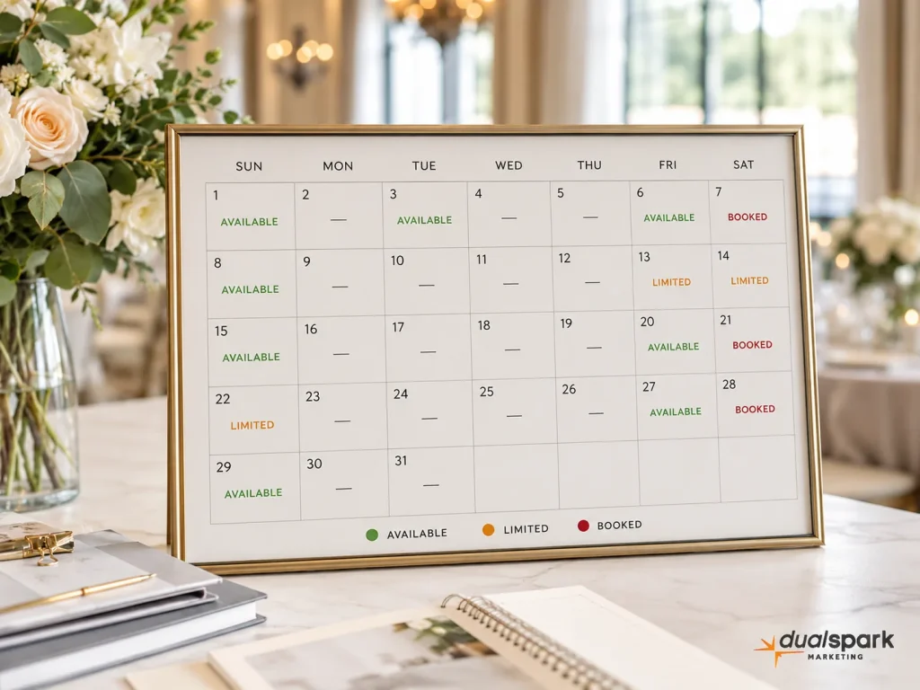 Wedding venue calendar showing available, limited, and booked dates to create honest urgency