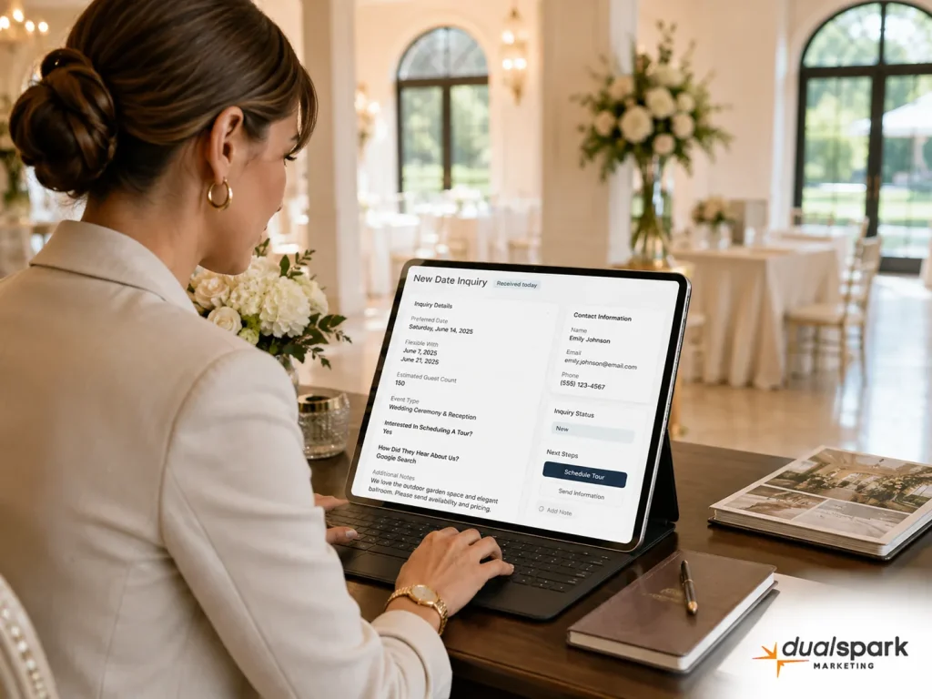 Wedding venue manager reviewing a detailed date inquiry on a laptop inside an elegant event space