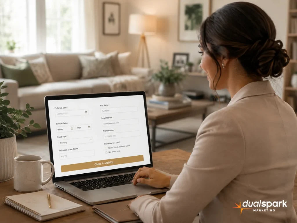 Woman using a wedding venue date check form on a laptop from her living room