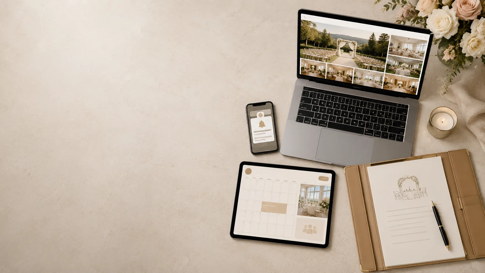Wedding venue marketing funnel represented by a website, inquiry notification, tour calendar, and booking contract