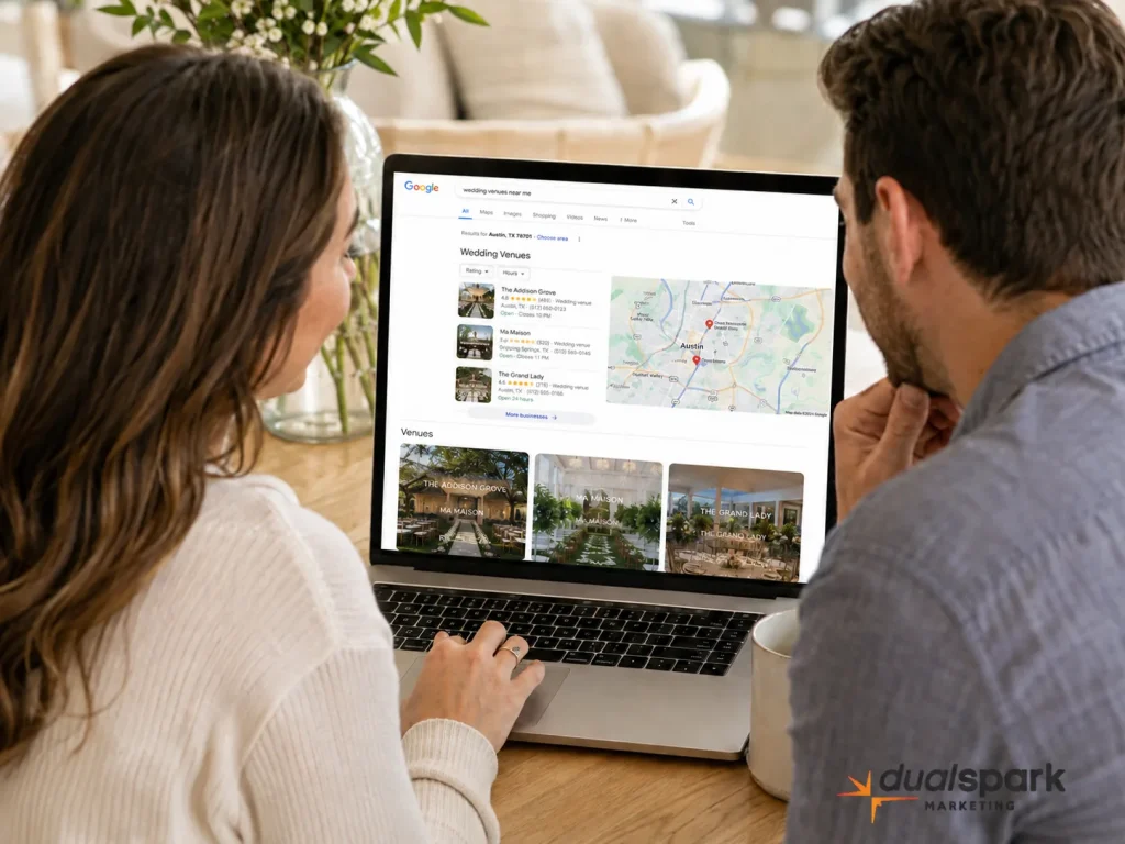 Engaged couple searching online for wedding venues on a laptop