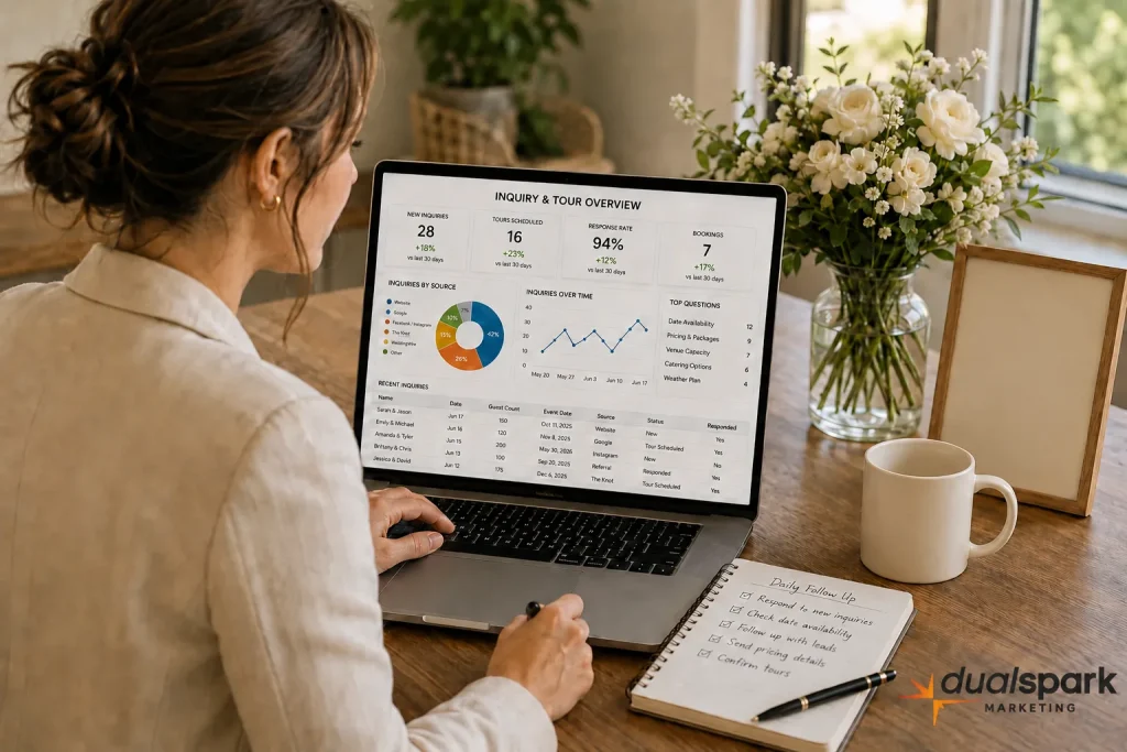 Wedding venue manager reviewing inquiry, tour, response, and booking performance on a laptop