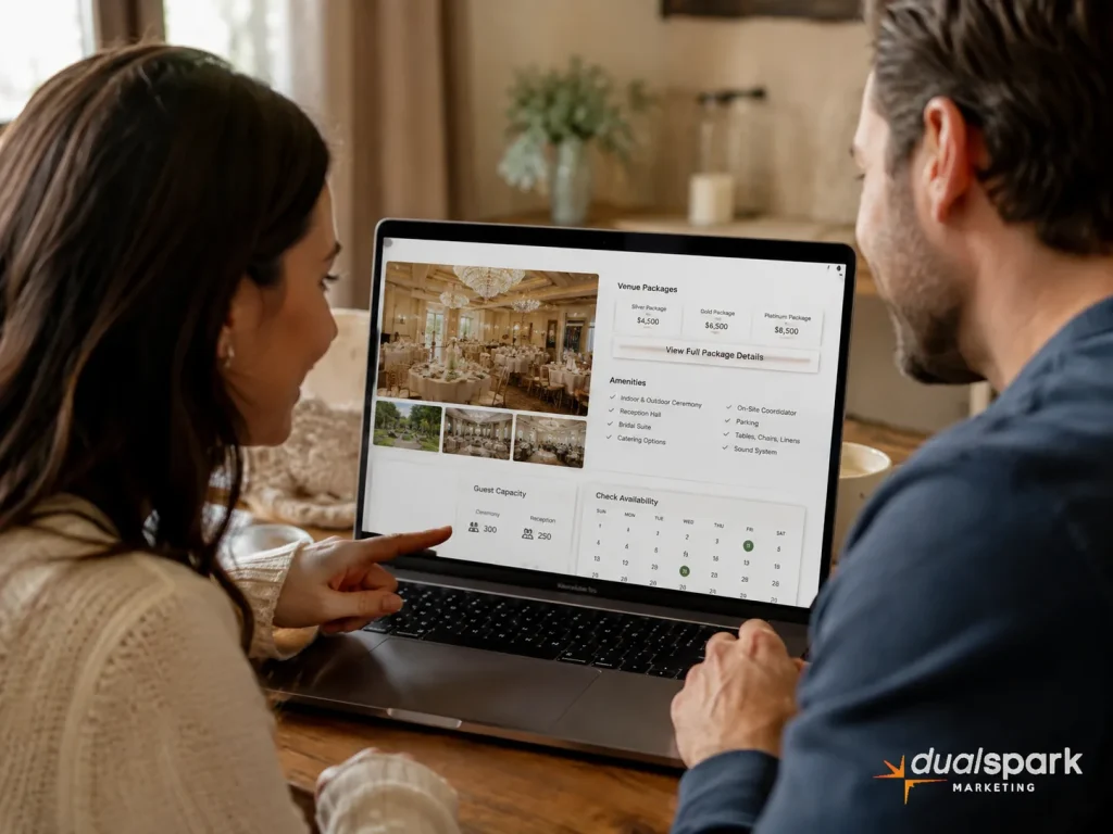 Engaged couple reviewing wedding venue pricing, amenities, capacity, and availability online
