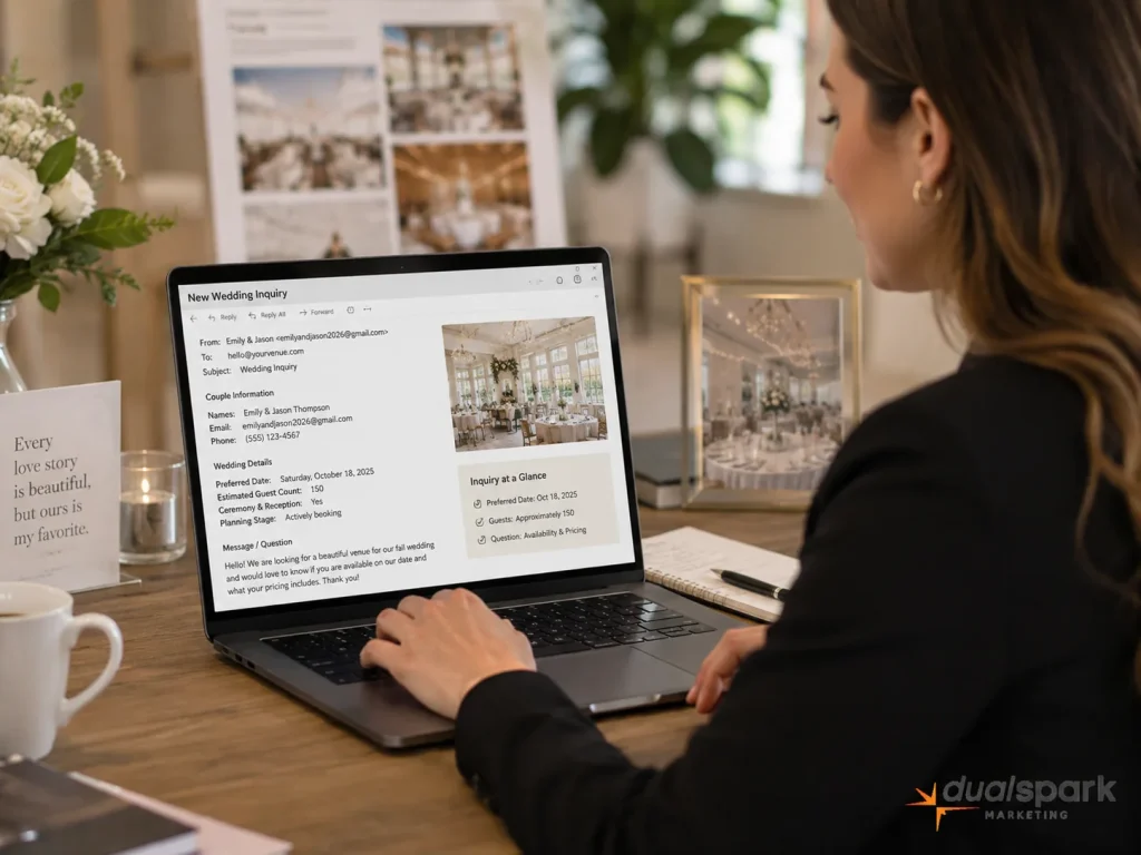 Wedding venue manager reviewing and responding to a new wedding inquiry on a laptop