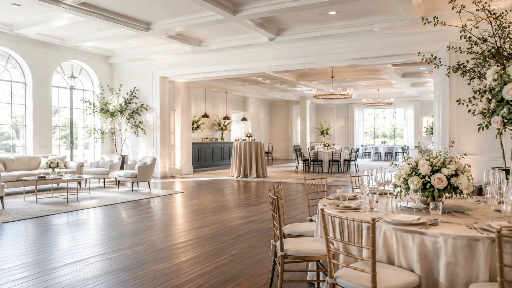 Elegant event venue arranged for weddings, corporate events, parties, and other private gatherings