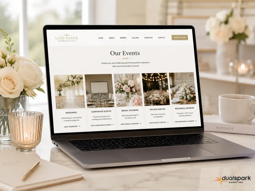Wedding venue website showing separate pages for weddings, corporate events, bridal showers, private parties, and rehearsal dinners