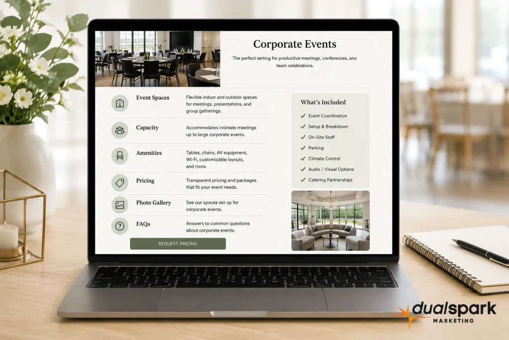 Corporate event venue page showing event spaces, capacity, amenities, pricing, photos, FAQs, and a request pricing button