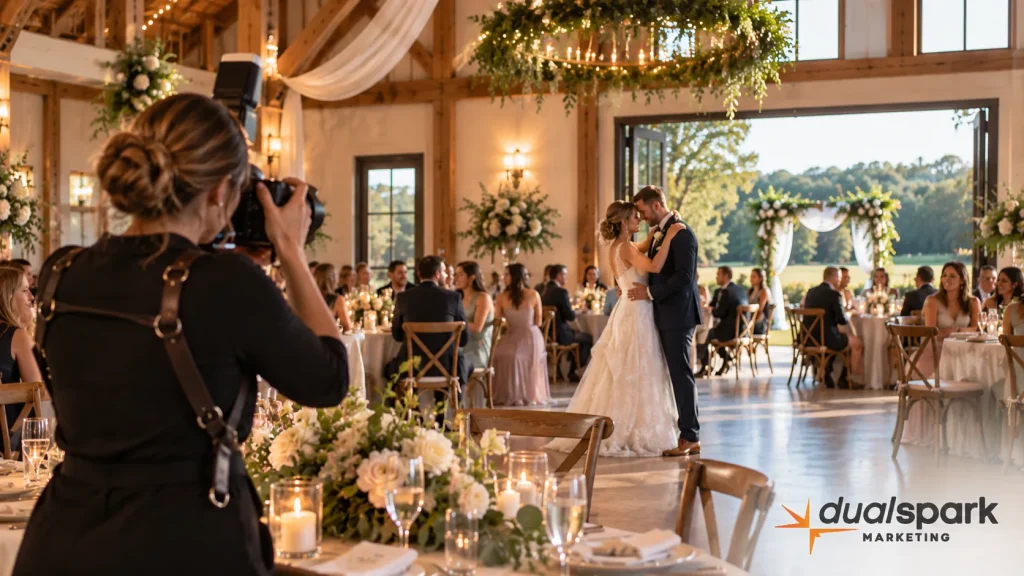Wedding photographer capturing a couple during a real wedding reception