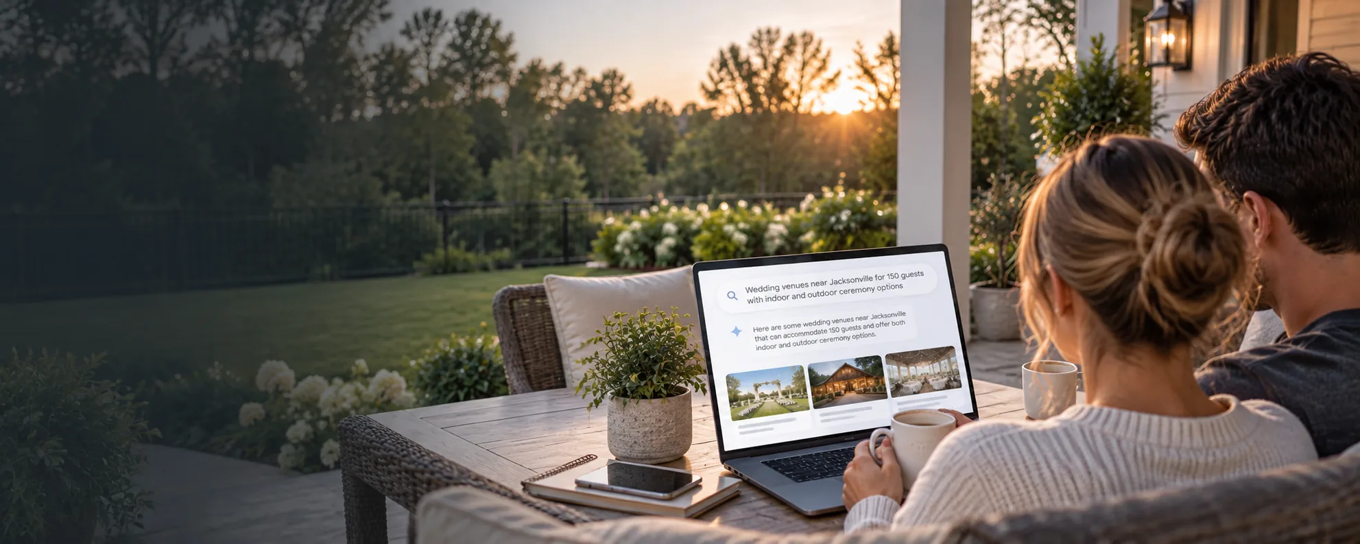 Couple researching wedding venues with AI search on a laptop