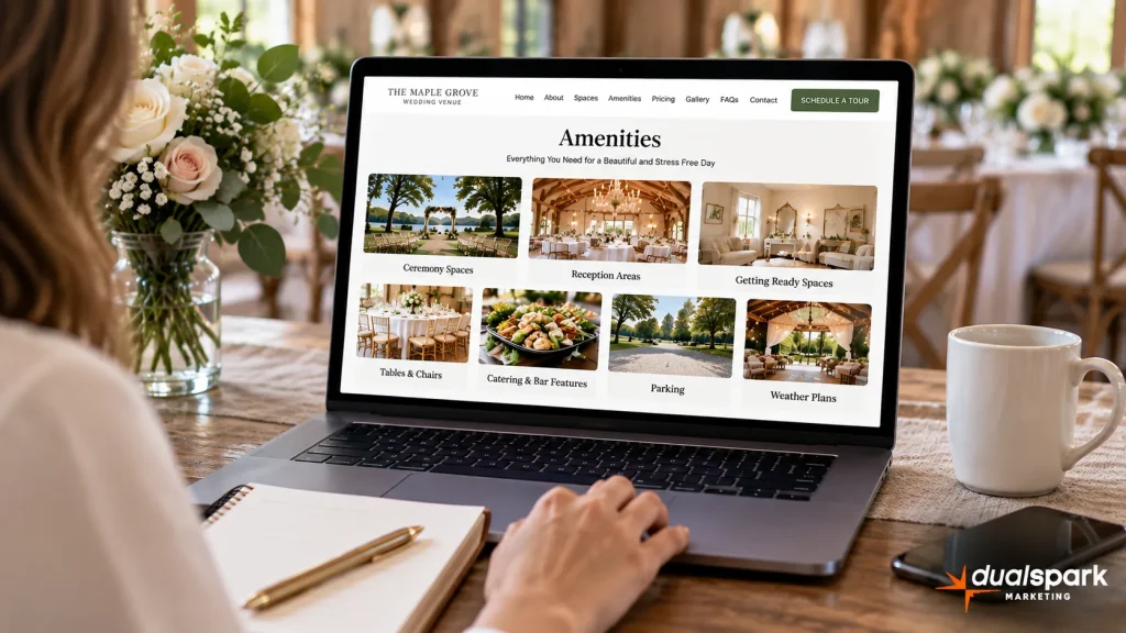 Wedding venue amenities page connecting couples with important website information