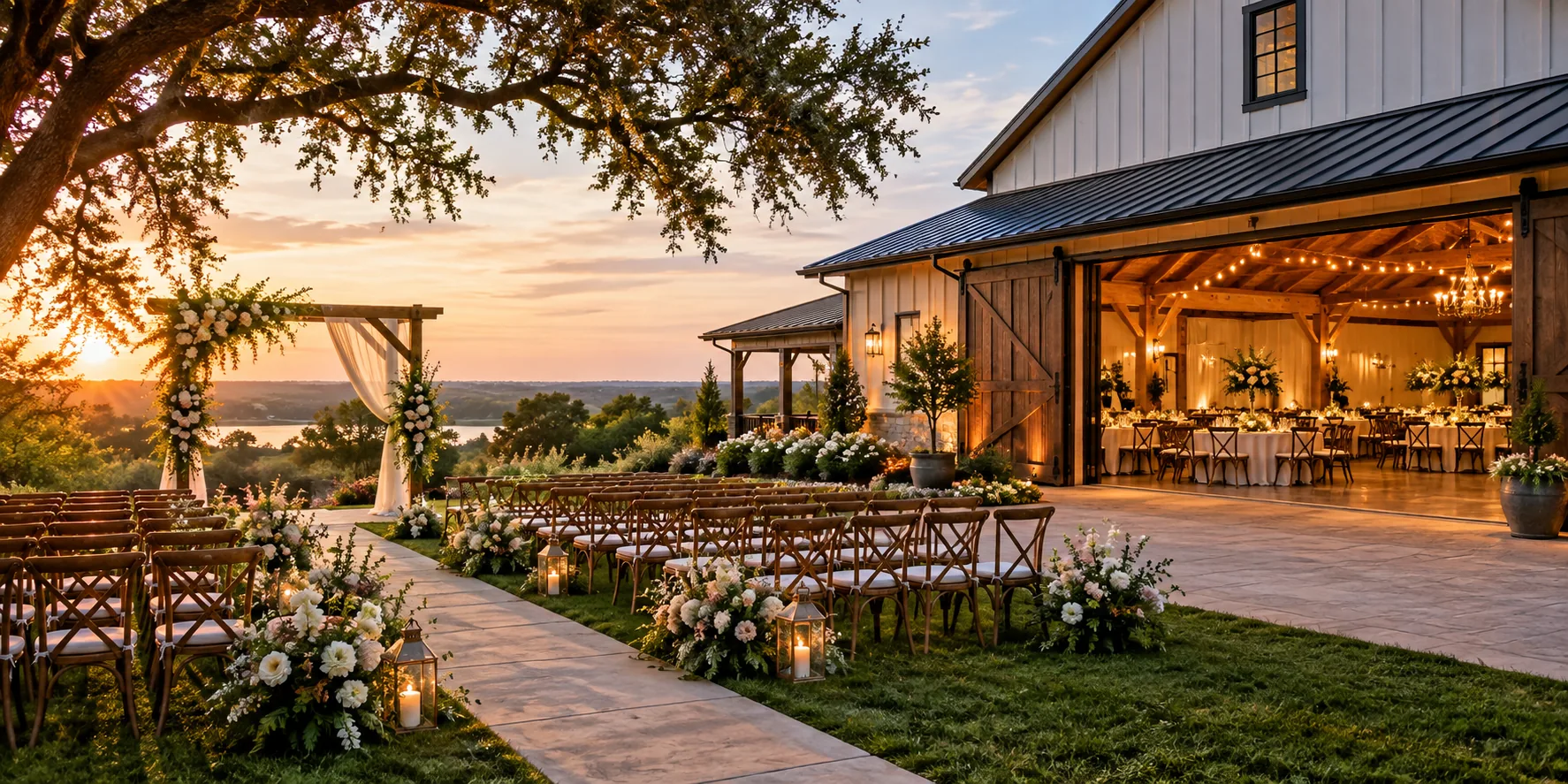Outdoor wedding ceremony space beside an indoor wedding reception venue