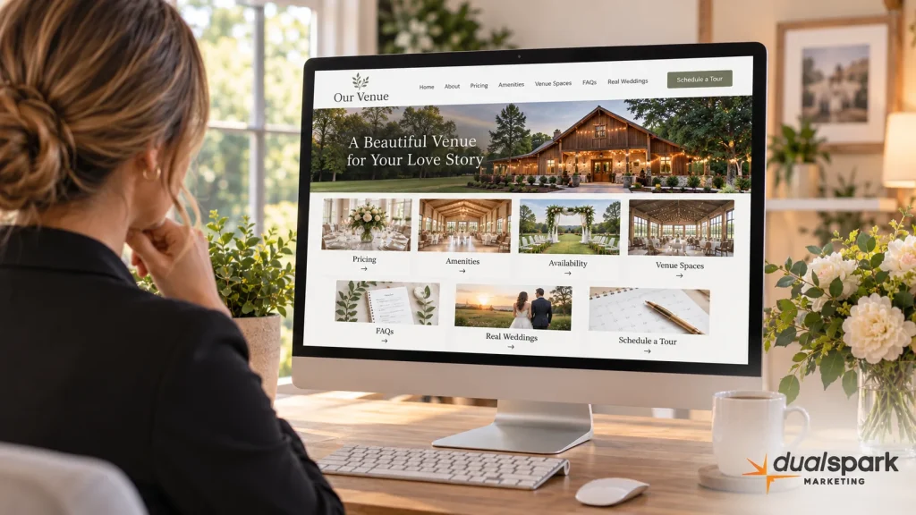 Wedding venue website with dedicated pages for important venue information