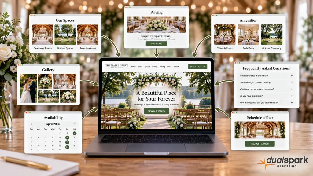 Wedding venue website pages connected through internal links for SEO