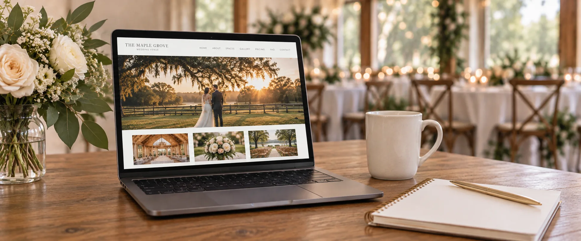 Wedding venue website displayed on a laptop inside an elegant reception space