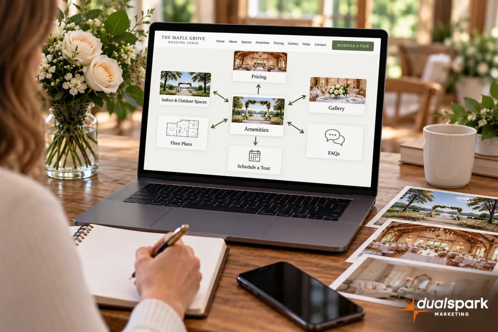 Wedding venue website pages connected with an internal linking strategy