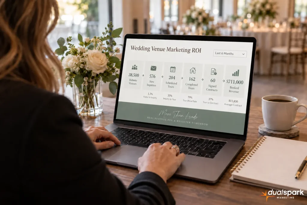 Wedding venue manager reviewing a six month marketing ROI dashboard on a laptop inside an elegant reception space