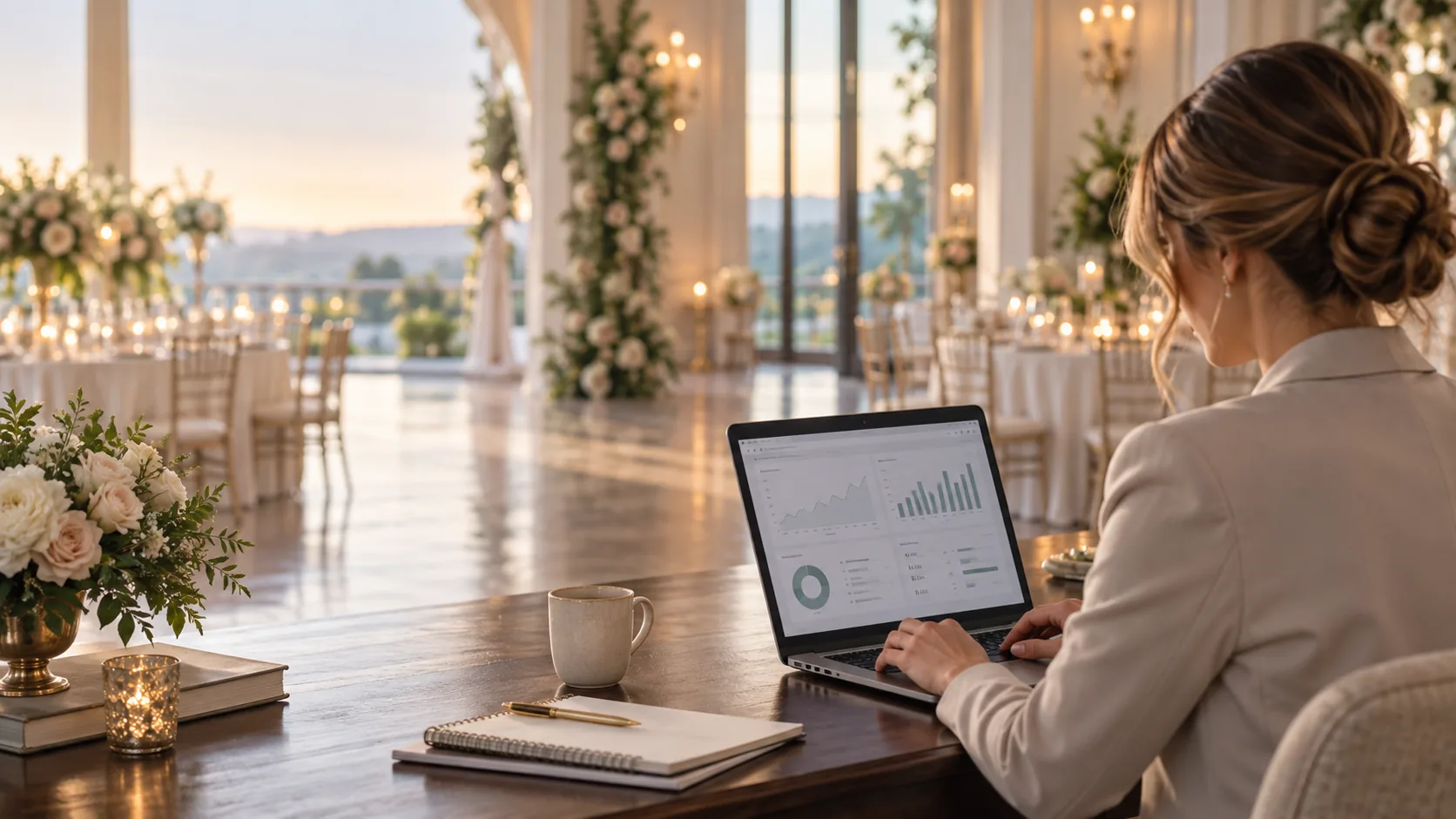 Wedding venue manager reviewing marketing performance data on a laptop inside an elegant reception space