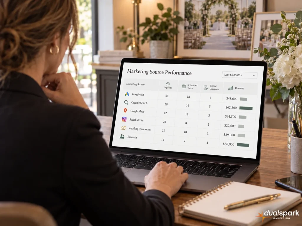 Wedding venue manager reviewing marketing source performance by inquiries, tours, contracts, and revenue