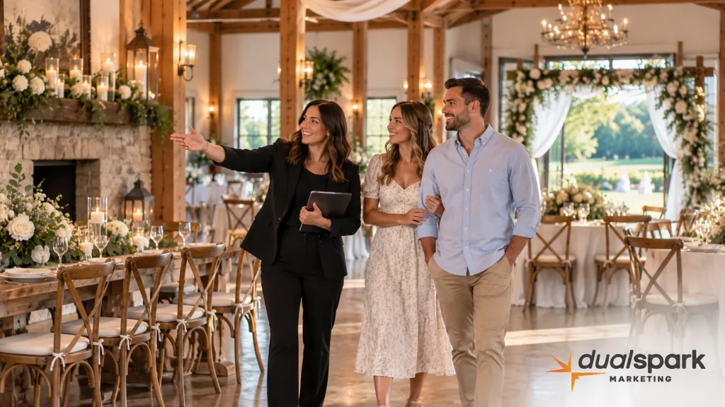 Engaged couple touring a wedding venue with a venue manager