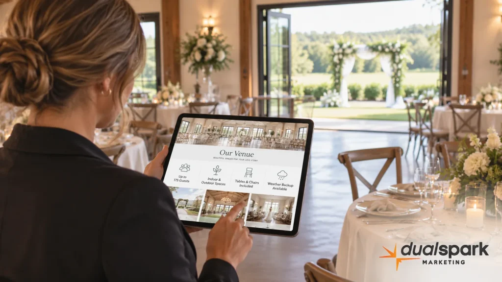 Wedding venue manager reviewing detailed venue information on a tablet