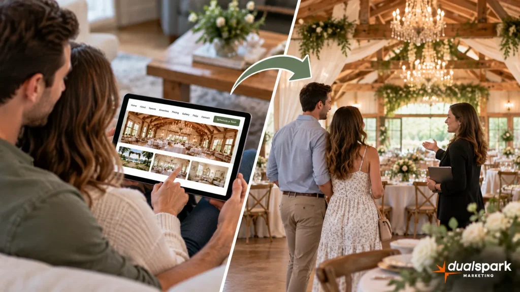 Engaged couple browsing a wedding venue website before taking an in person venue tour