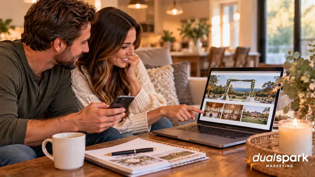 Engaged couple comparing wedding venues on a laptop while checking their phone for responses to wedding venue inquiries.