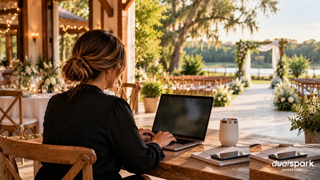 Wedding venue owner updating website information while overlooking ceremony space