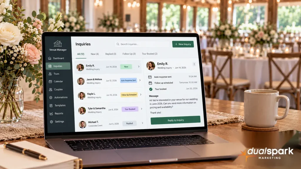 Wedding venue inquiry management dashboard showing automated responses, scheduled follow-ups, and booked tours on a laptop.