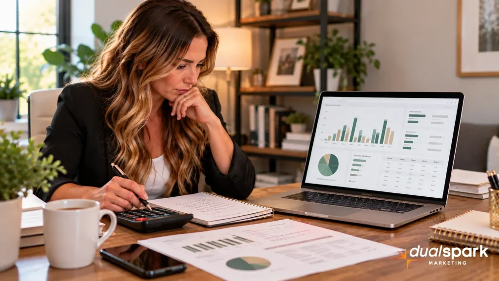 Wedding venue owner reviewing booking performance reports and financial data on a laptop to identify lost wedding booking opportunities.