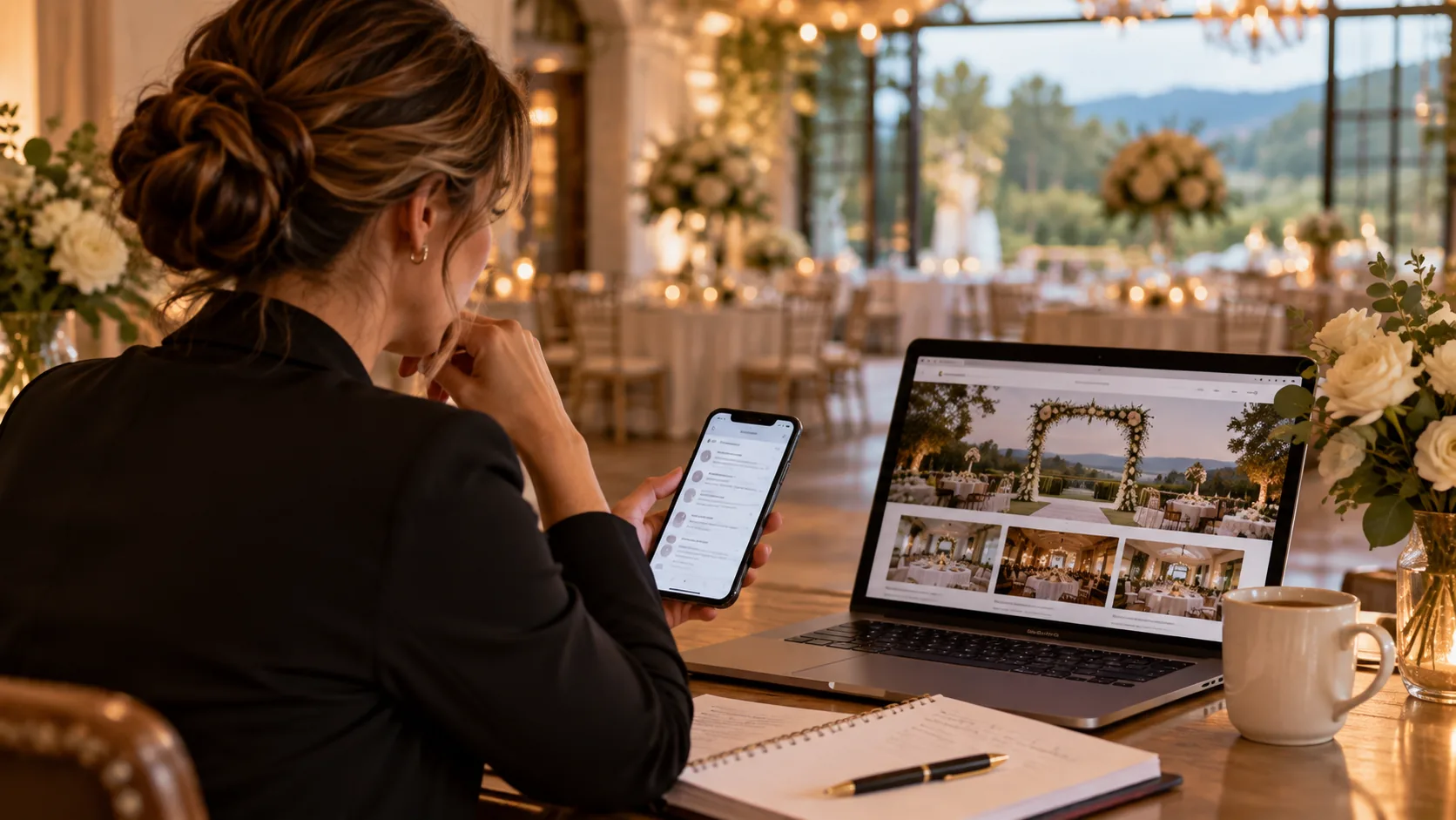 Wedding venue manager reviewing new wedding inquiries on her phone while working on a laptop inside an elegant wedding reception venue.