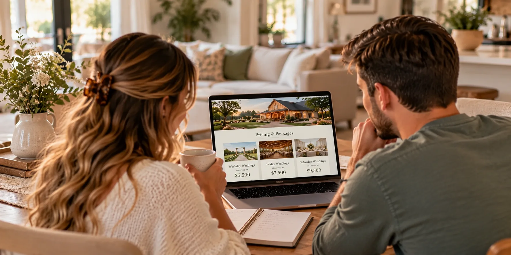 Couple reviewing wedding venue pricing and packages online before scheduling a tour