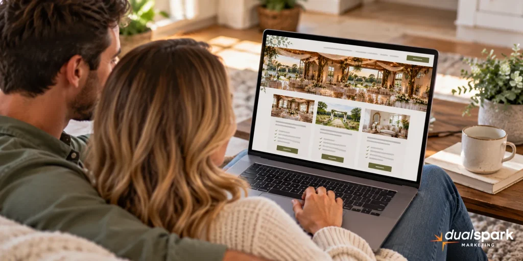 Couple reviewing wedding venue pricing and package options on a website