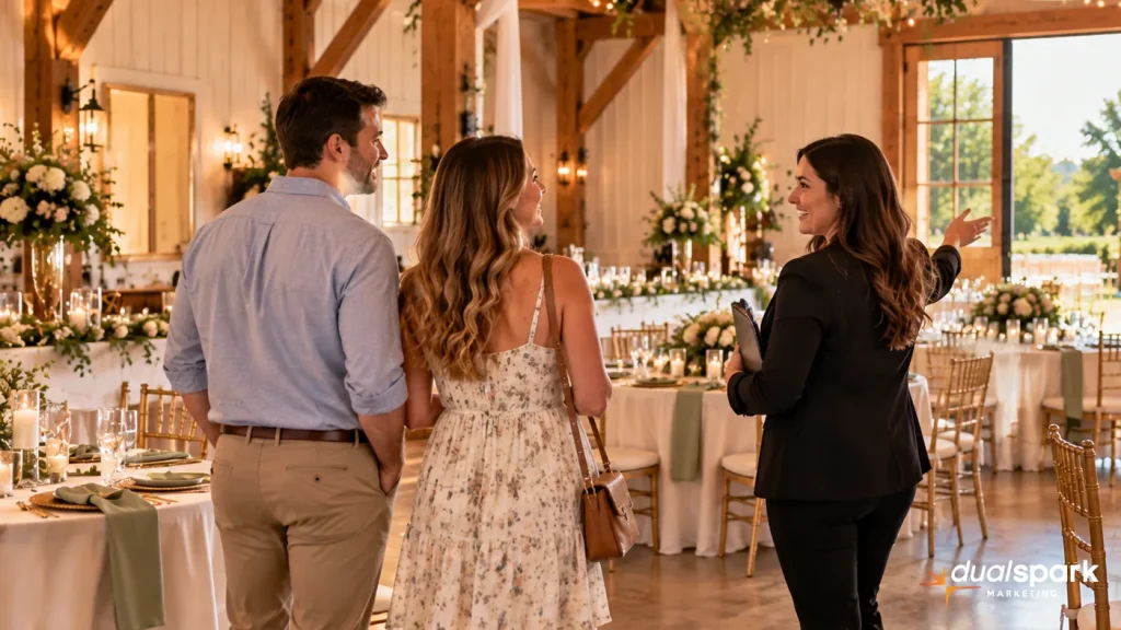 Engaged couple touring a wedding venue with a venue manager