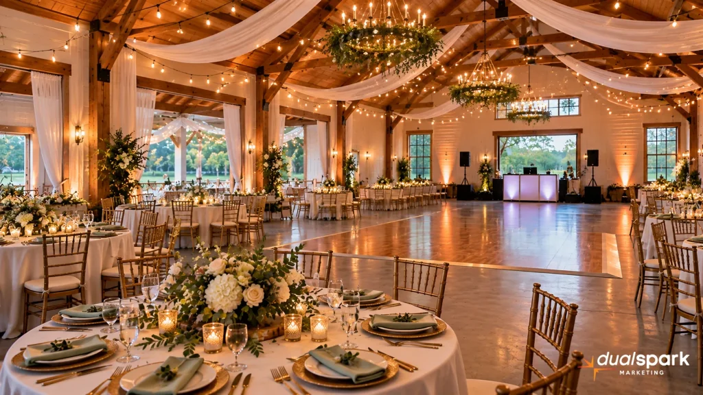 Indoor wedding reception space with tables, dance floor, and DJ area
