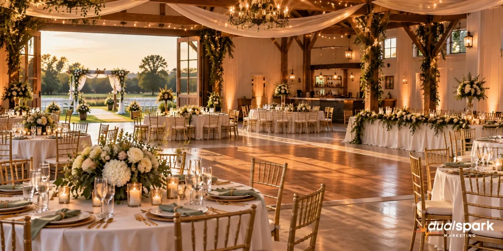 Wedding venue reception showing tables, chairs, dance floor, bar, and outdoor ceremony space